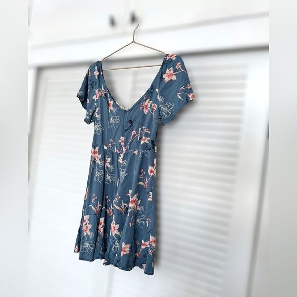 Roxy Shoulder Shimmy Sweetheart Floral Palm Print Mini Dress In Blue lSize M - Picture 3 of 16